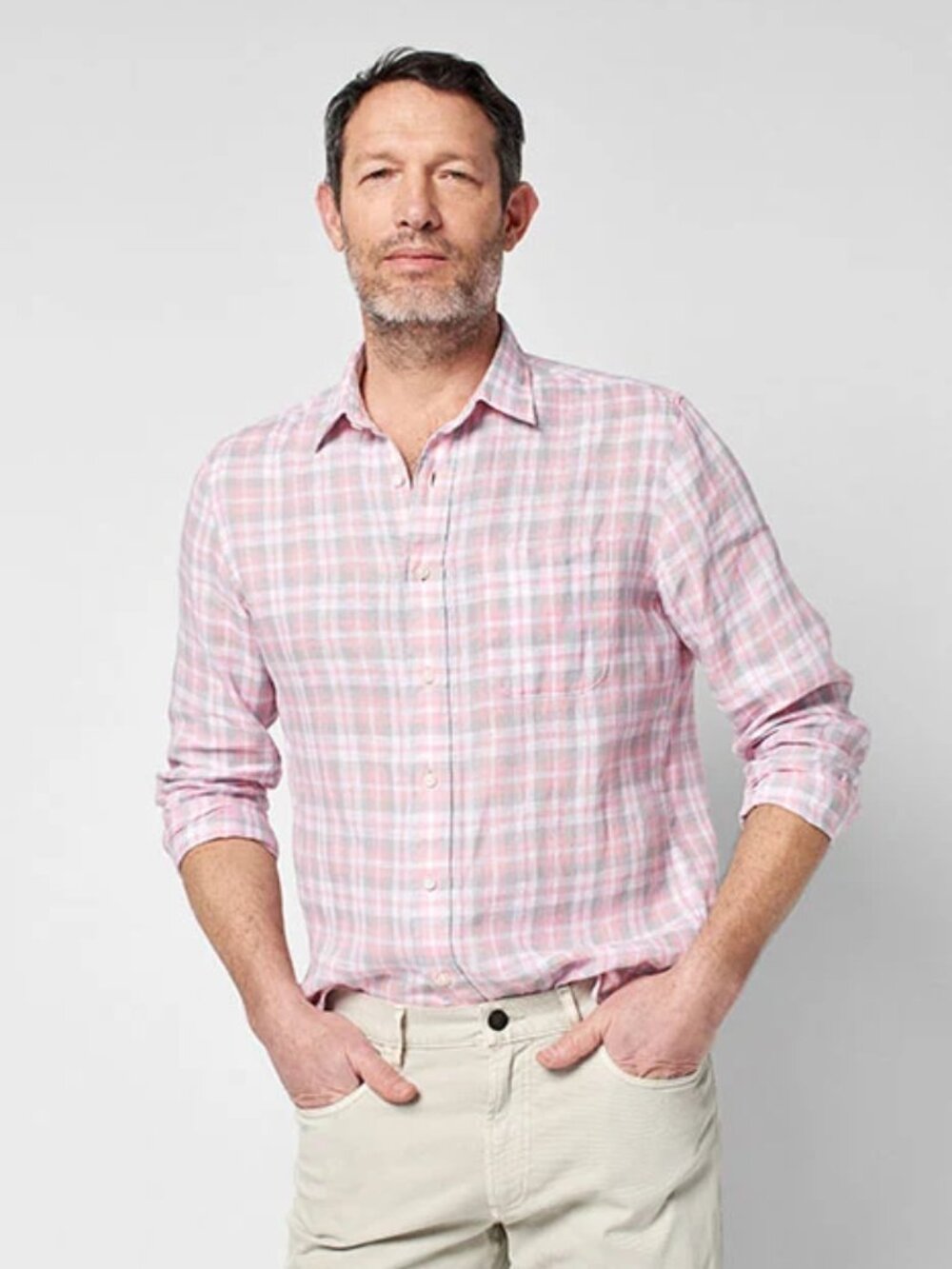 Faherty Pink/Grey Plaid Linen Long Sleeve Button Up/9002